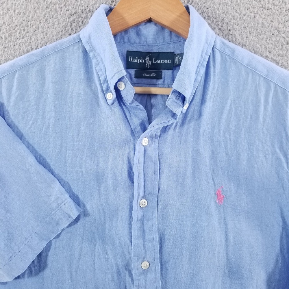 Ralph Lauren Shirt Mens Small Blue Linen Classic Fit Button Down Short Sleeve